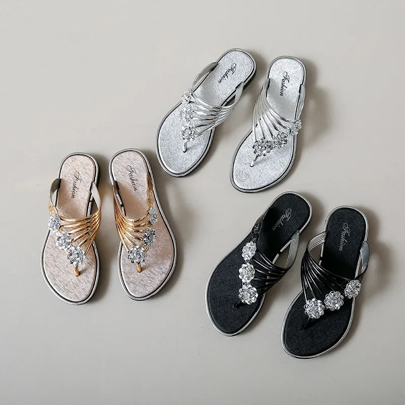 New Summer Slippers Outdoor Beach Flip-flops Cute Flower Bow Decoration Casual Flat Slippers Shoes for Women Slides