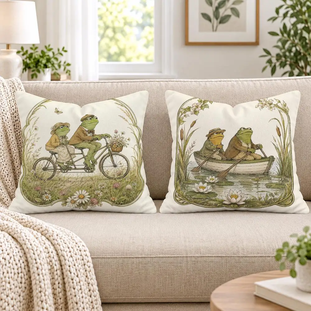 Funny Green Frog Toad Duo Cushion Cover Soft Short Plush Pillow Cases Hidden Zipper Cutecore Sofa Bedroom Home Decor Gift