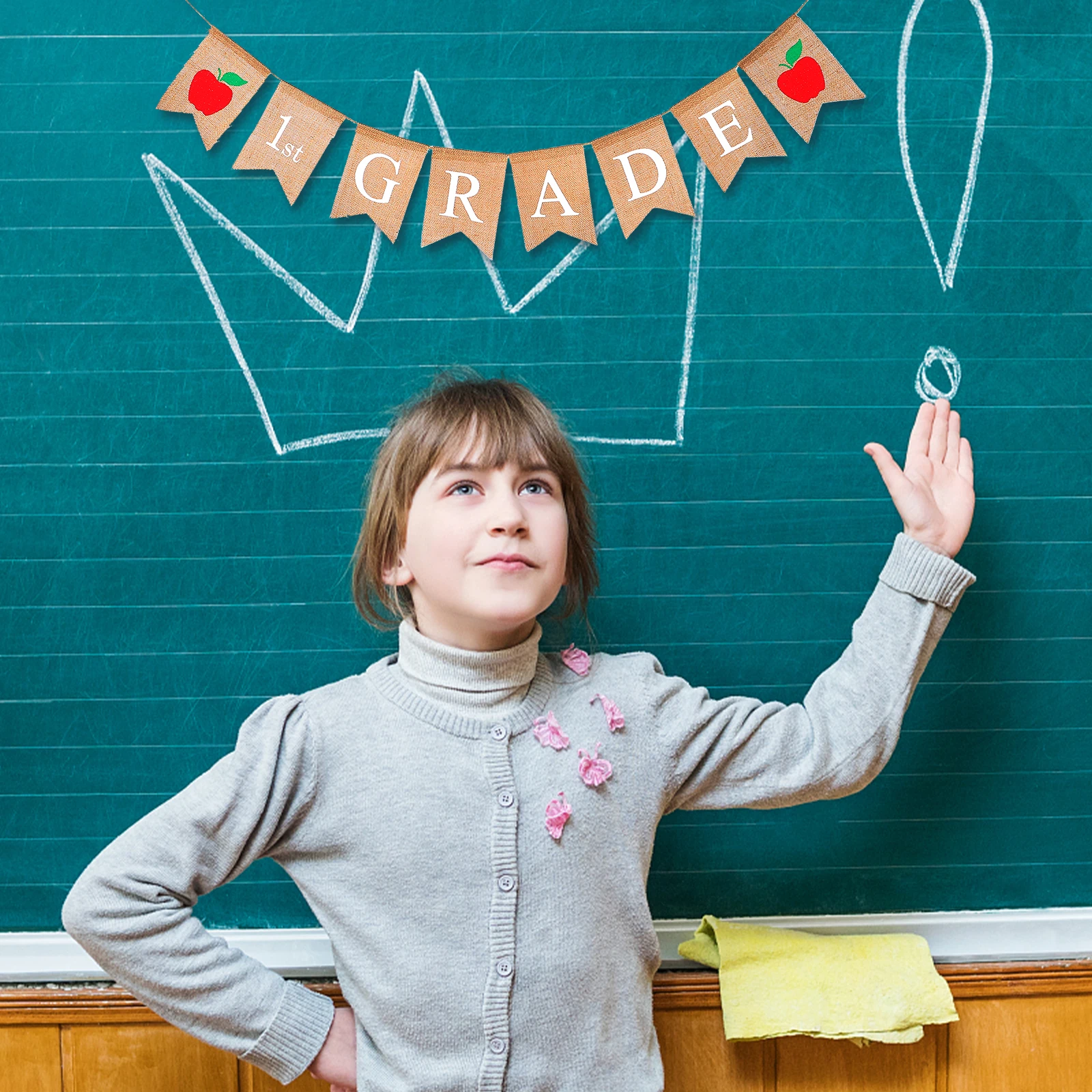 

Linen Banner for School Party Apple Print Swallowtail Shape Classroom Bunting First Grade Banner Reusable