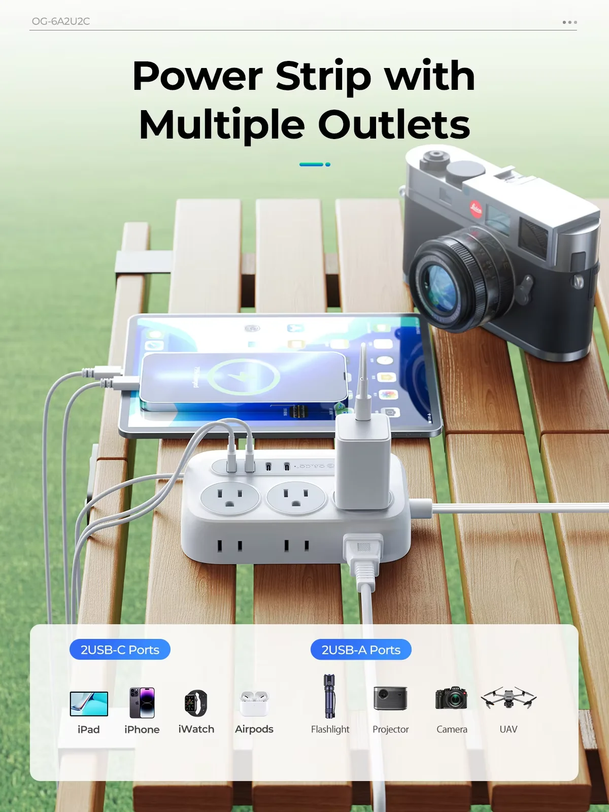 ORICO Power Strip 6 ช่องจ่ายไฟ AC 2 USB 2 ประเภท C 1250W Fast CHARGING Travel Adapter หลายขนาดสายไฟสําหรับบ้านกลางแจ้ง