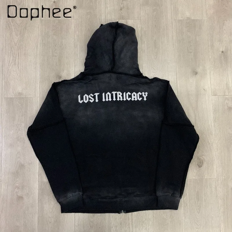 American High Street Fashion Washed Rhinestone Vintage Distress Hoodies Sweatpants Two-piece Set Men Clothing Trendy Pants Set