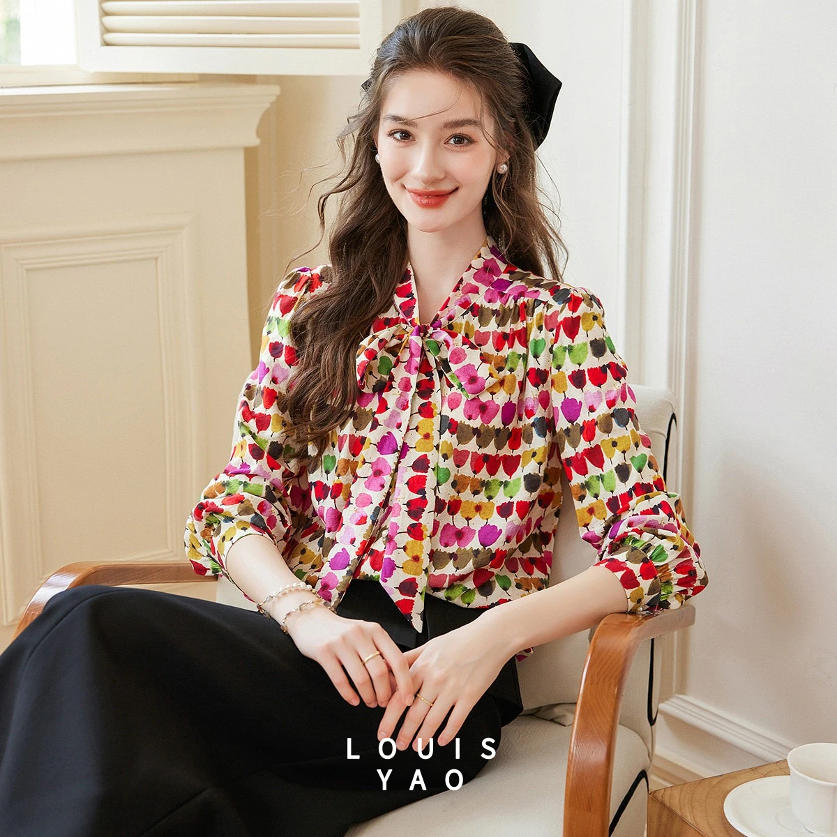 

LOUISYAO Stand-up Collar Bow Tie Women's Shirt 2025 Autumn Woven Printed Long-sleeved Blouses Elegant Woman Top Chic Wear
