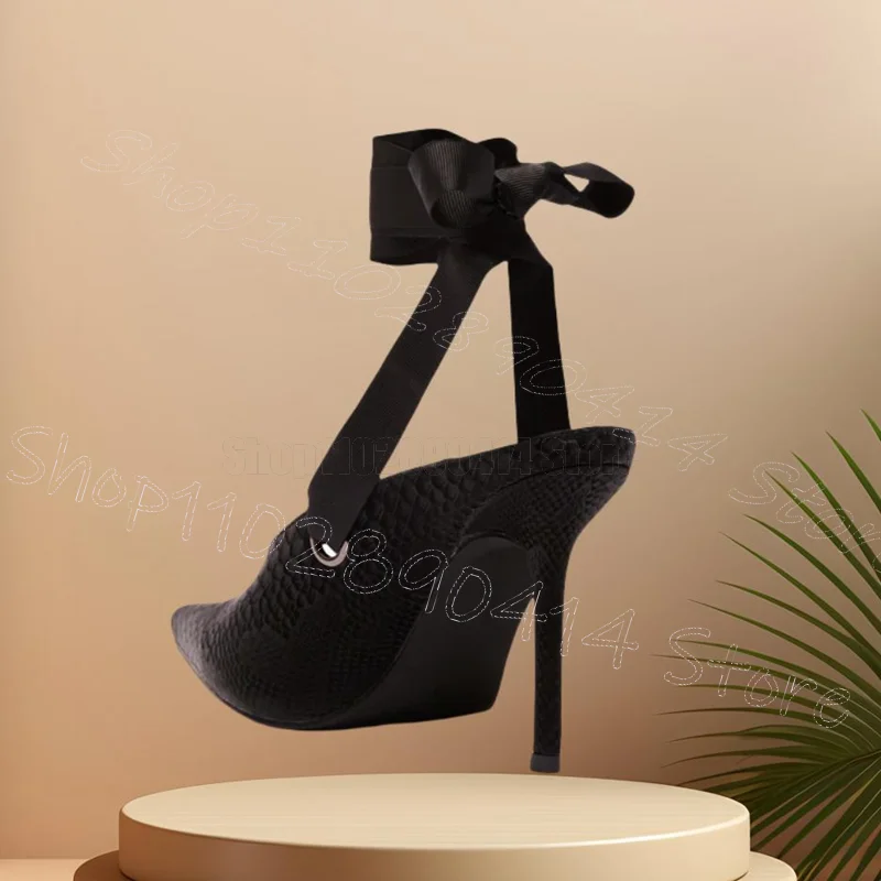 حذاء نسائي أسود مطبوع عليه تمساح بمقدمة مدببة حذاء نسائي برباط بكعب عالي رفيع موضة الحفلات والمواعدة 2025 Zapatos Para Mujere #4