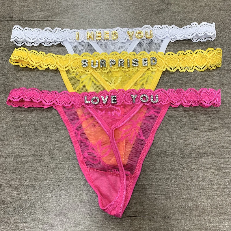 Custom Name tanga Underwear Crystal Letters Personalised Thong Women Lace Bikini G-String Panty Girlfriend Birthday Loves Gift