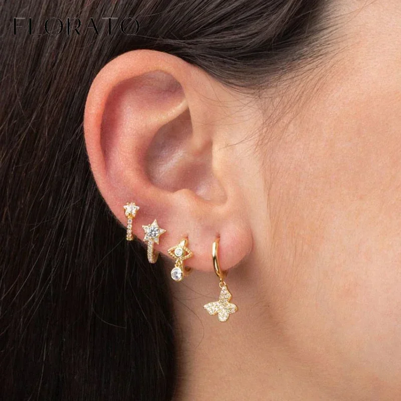 925 Sterling Silver ear needles Animal Butterfly/Elephant/Shell Pendant Hoop Earrings  For Women Fashion Jewelry Accessories