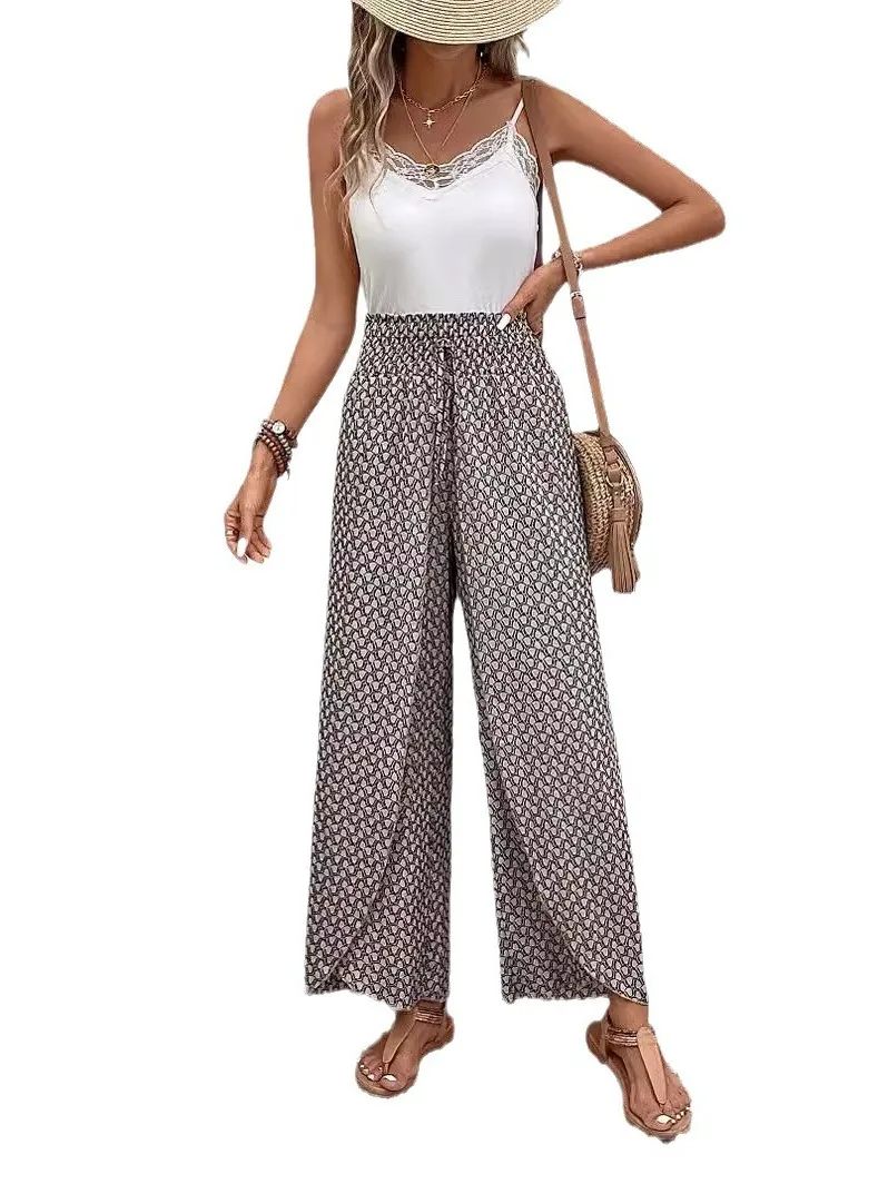 Casual Floral Wide Leg Pants Women's Versatile High Waist Nine Points Loose Fit Trousers Summer Thin Material Chinese Production
