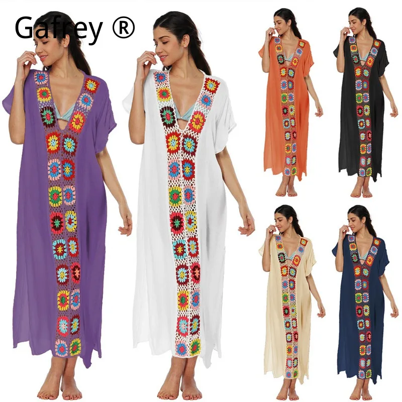 

Women's Hand Crochet Patchwork High Slit Maxi Dress, Sexy Long Beach Cover Up for Summer Vacation & Swimwear