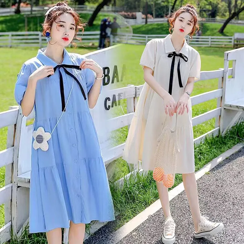 2025 Summer Korean Fashion Cotton Maternity Long Dress Elegant Casual Loose Clothes for Pregnant Women Sweet Pregnancy