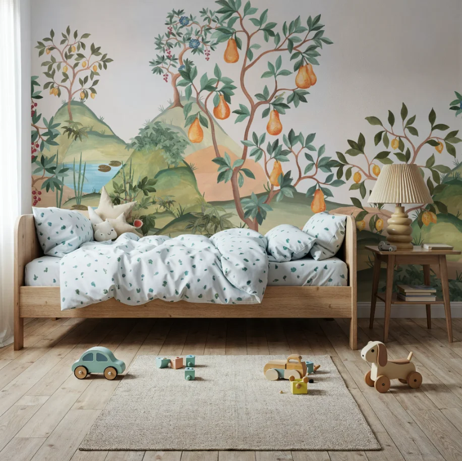 Customized size mural with dreamy orchard scene, orange and yellow fruit wallpaper, soft children's room decoration painting