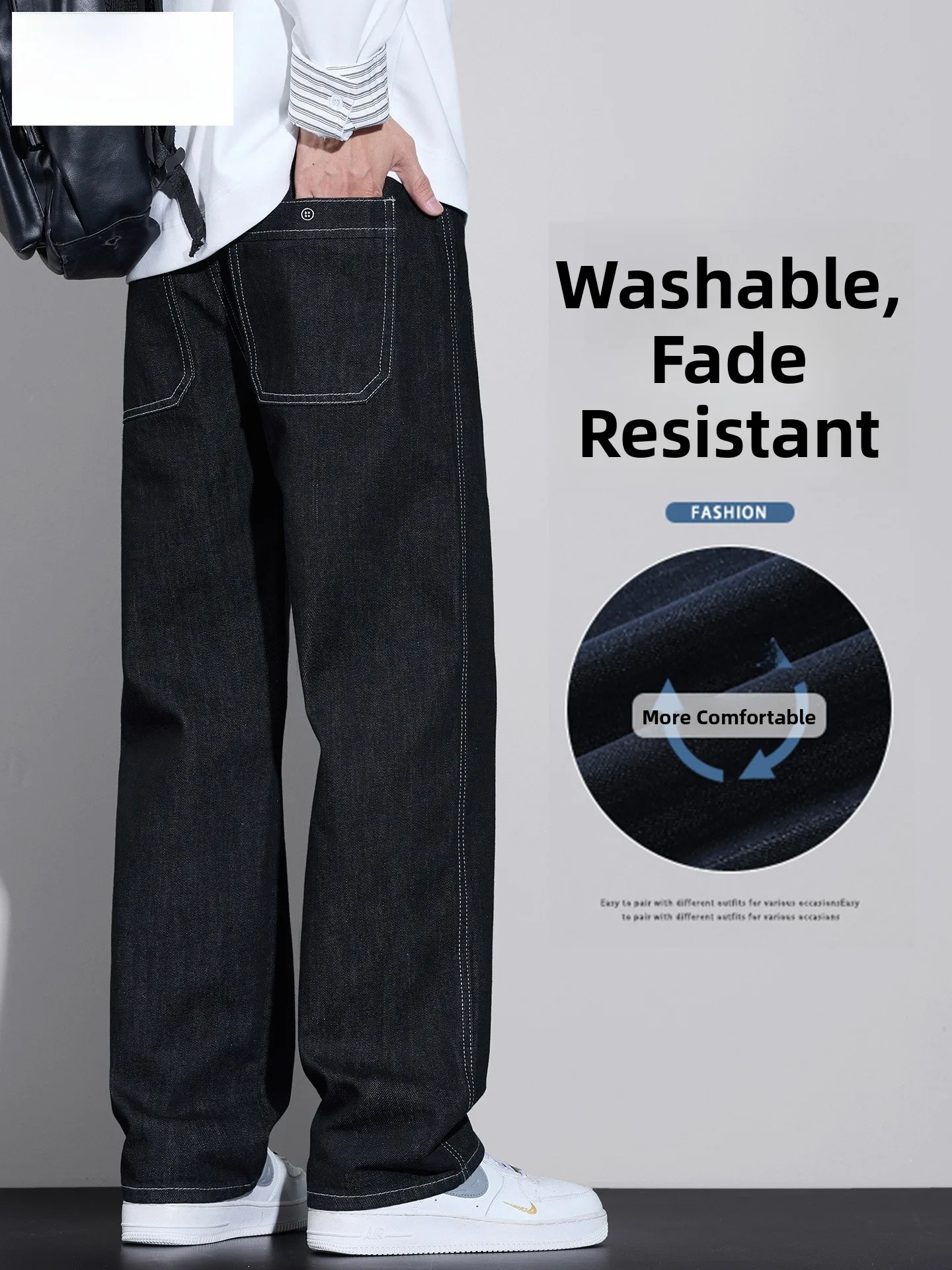 

High-End Wide-Leg Bla Jeans Men's Loose Straight Casual Spring Trendy Brand Haome New Sle Cotton Polyester Blend