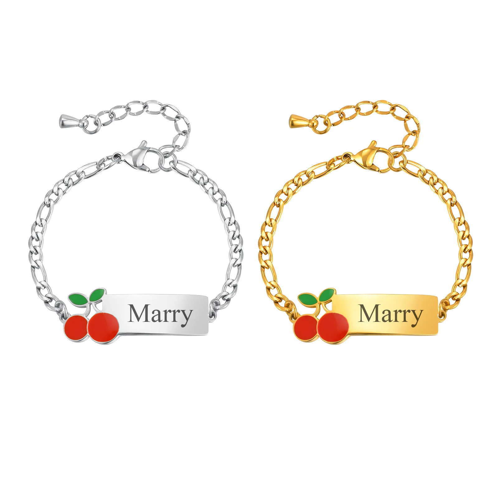 

Personalized Baby Name Cherry Bracelets, Stainless Steel Adjustable Chain, Child Kids Girls Birthday Gift