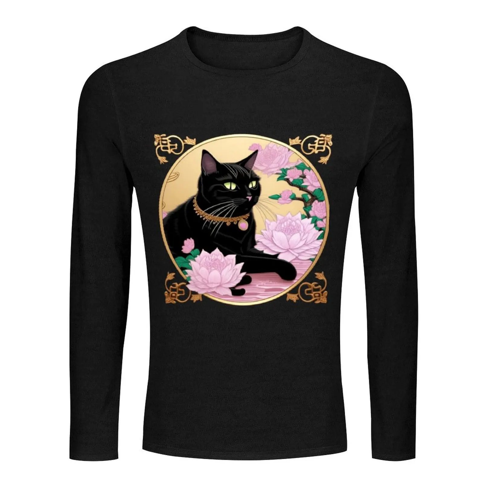 Elegant black cat and purple lotus flowers Long T-Shirt funny t shirt animal print shirt for boys mens graphic t-shirts funny