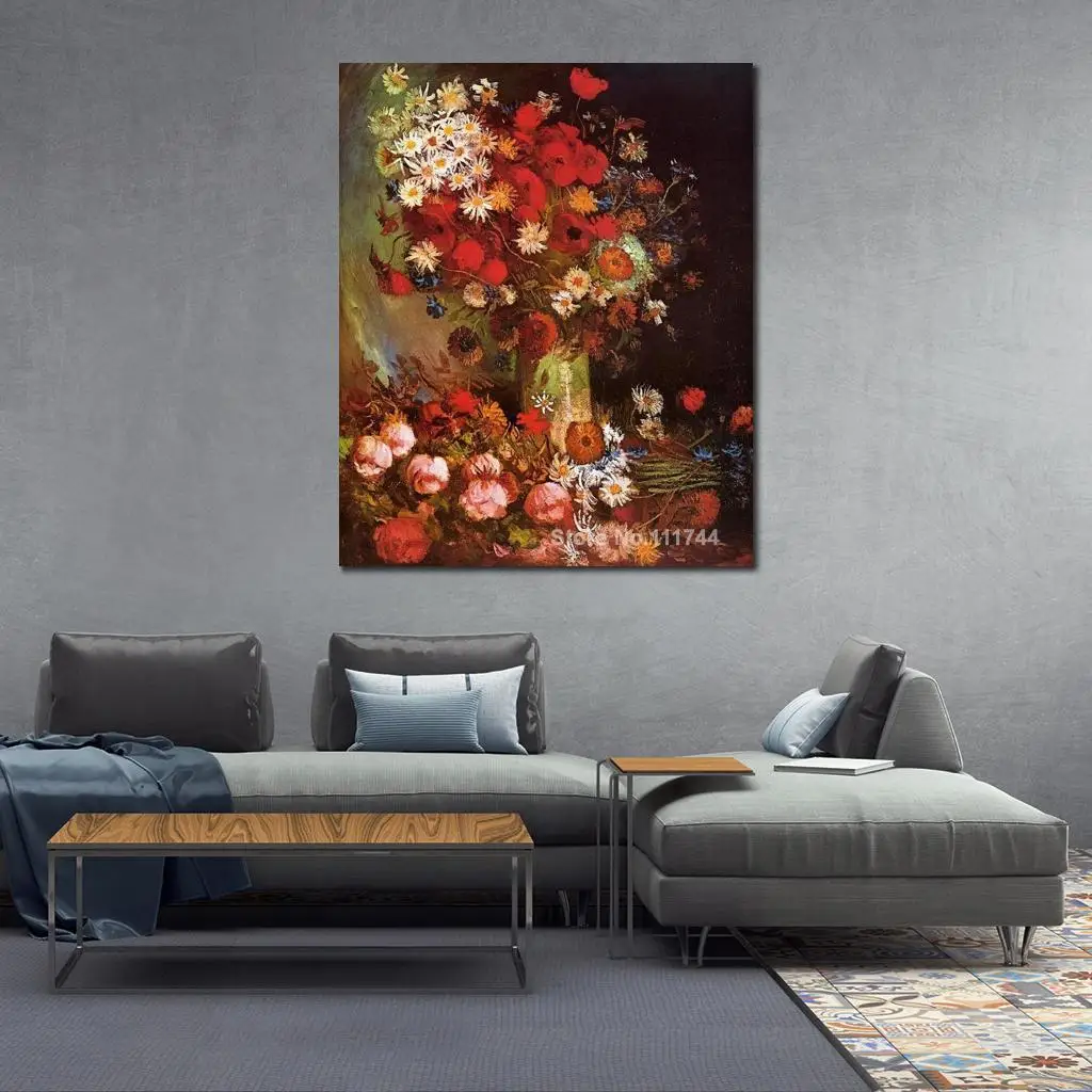 

Настенная ваза для гостиной с маками, вазой, васильками, пионами и хризантемами, картины Ван Гога, высокое качество, ручная работа