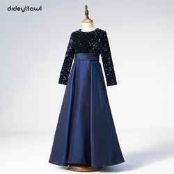 Dideyttawl Customized Navy Blue Long Sleeves Sequin Flower Girl Dresses Satin Concert Birthday Party Junior Gown Floor Length