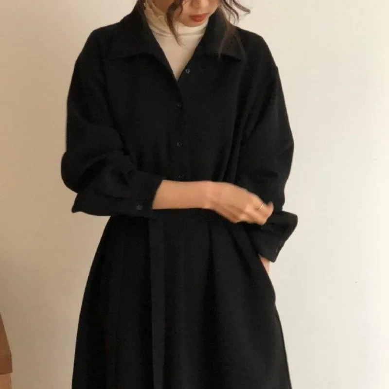 Vintage Dress Women Midi Baggy Streetwear Office Lady Autumn Button Design Casual Temper Vestidos Daily Tender Mujer Ulzzang New