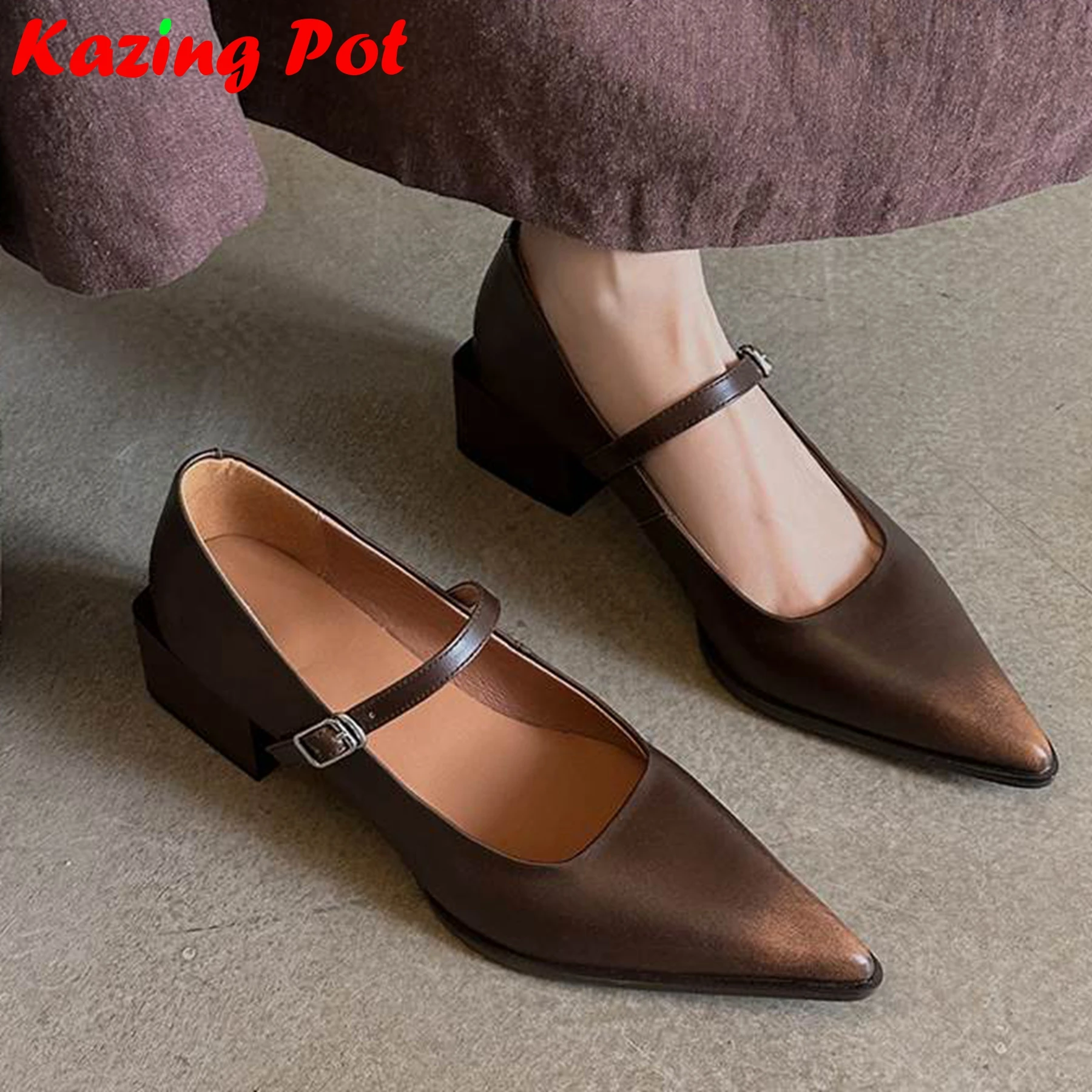 

Krazing Pot Cow Split Leather Beauty Pointed Toe Buckle Straps Autumn Shoes Med Heels Shallow Dating Brand Luxury Women Pumps
