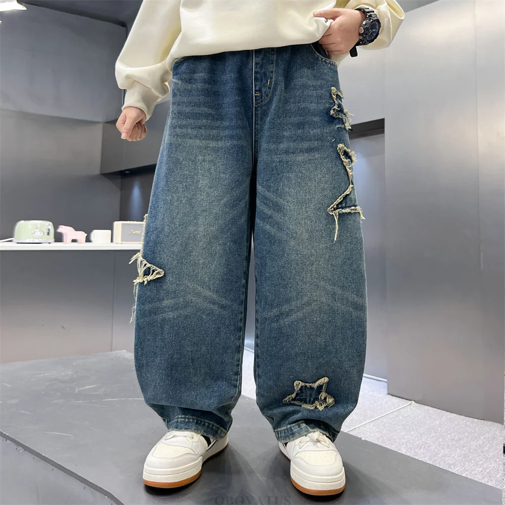 Fashion Autumn Jeans With Stars For Boys Star Pattern Wide Leg Denim Pants Kids Casual Style Children Loose Casual Trousers