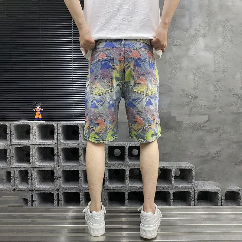 

Men's Casual Knee-Length Denim Shorts Loose Fit Straight Leg Colorful Jacquard Summer American Street Fashion Latest Trendy Wear