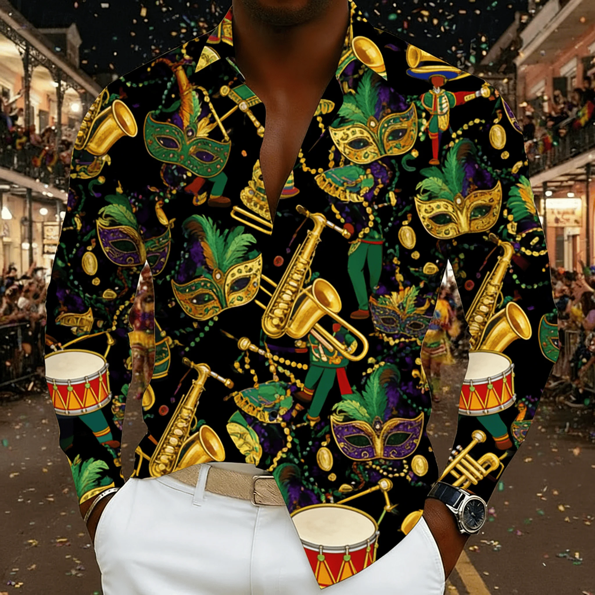 

Men's Black Mardi Gras Mask Instrument Print Lapel Long Sleeve Shirt, Spring Summer Party Vibe Casual Top
