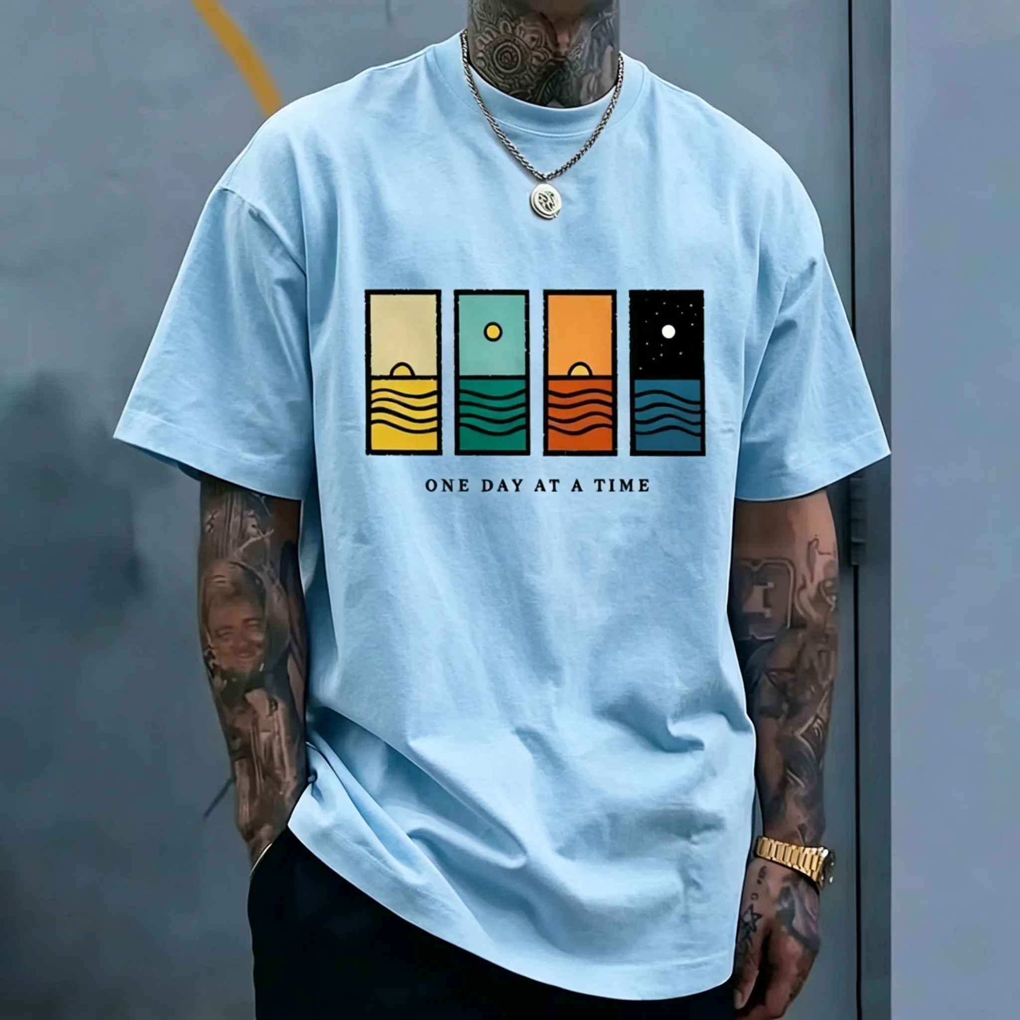 Abstract Sunset Ocean Graphic Tees Men One Day At A Time Slogan Oversized Loose Short‑Sleeve Cotton Casual Streetwear T‑Shirts