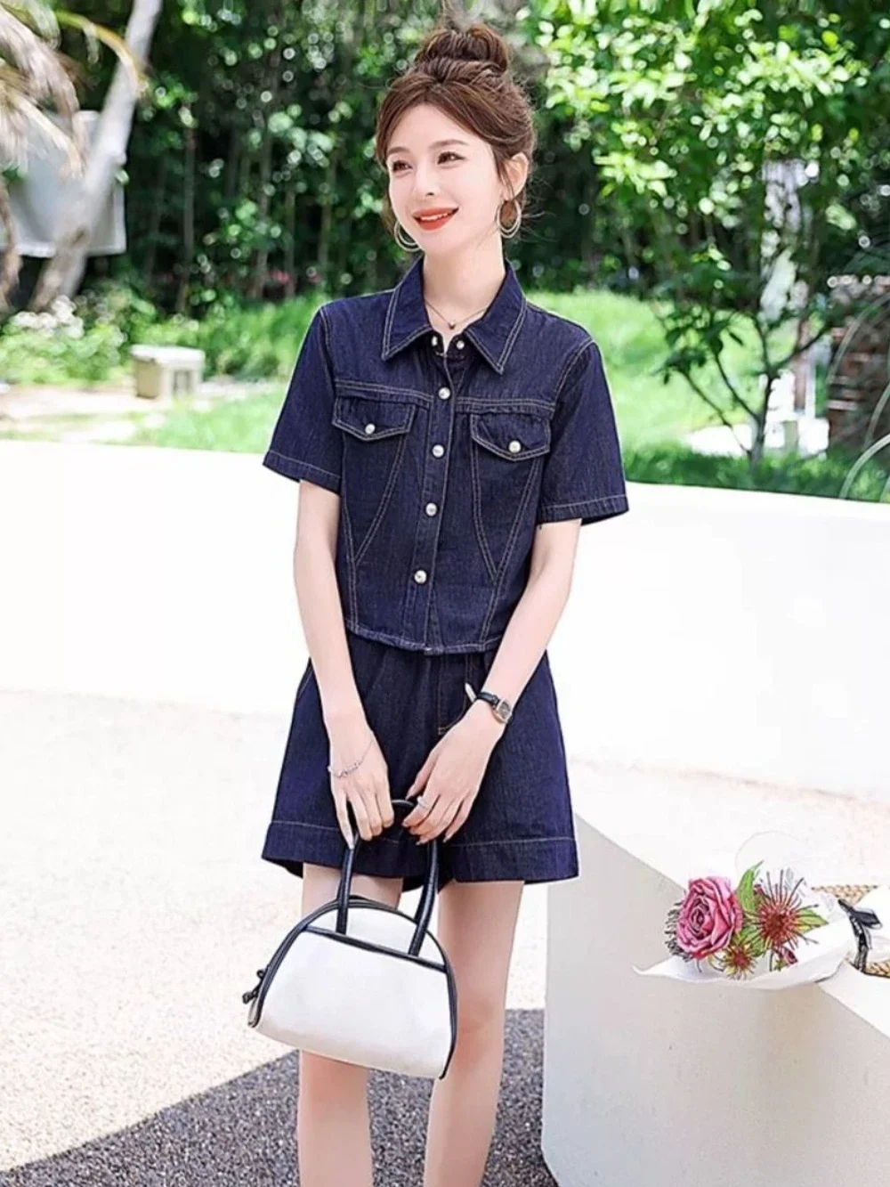 

POLO Shirt Women's Short Sets 2 Pieces Denim Comfortable Baggy Trends New Coordinated Outfit Products Matching Kit Female Shorts