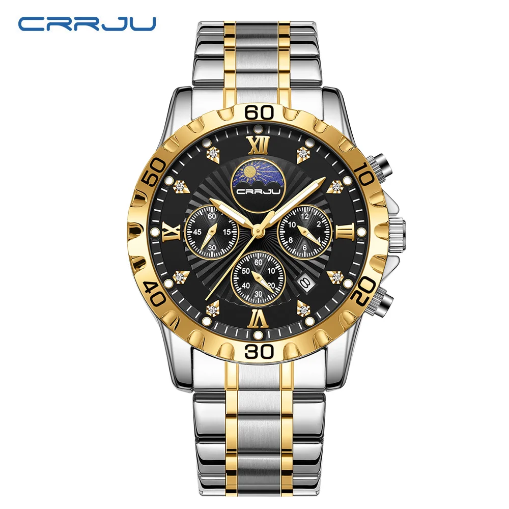 Mens Watches CRRJU Luxury Business Stainless Steel Chronograph Moon Phase Waterproof Date Analog Quartz Dress Watches for Men