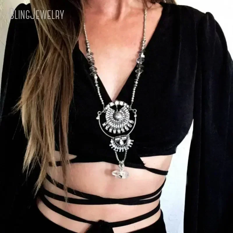 10pcs Arcane Collar Rhinestone Herkimer Crystal Bead Necklace Witch Punk Statement Silver Plated Women Boho Jewelry Tiki