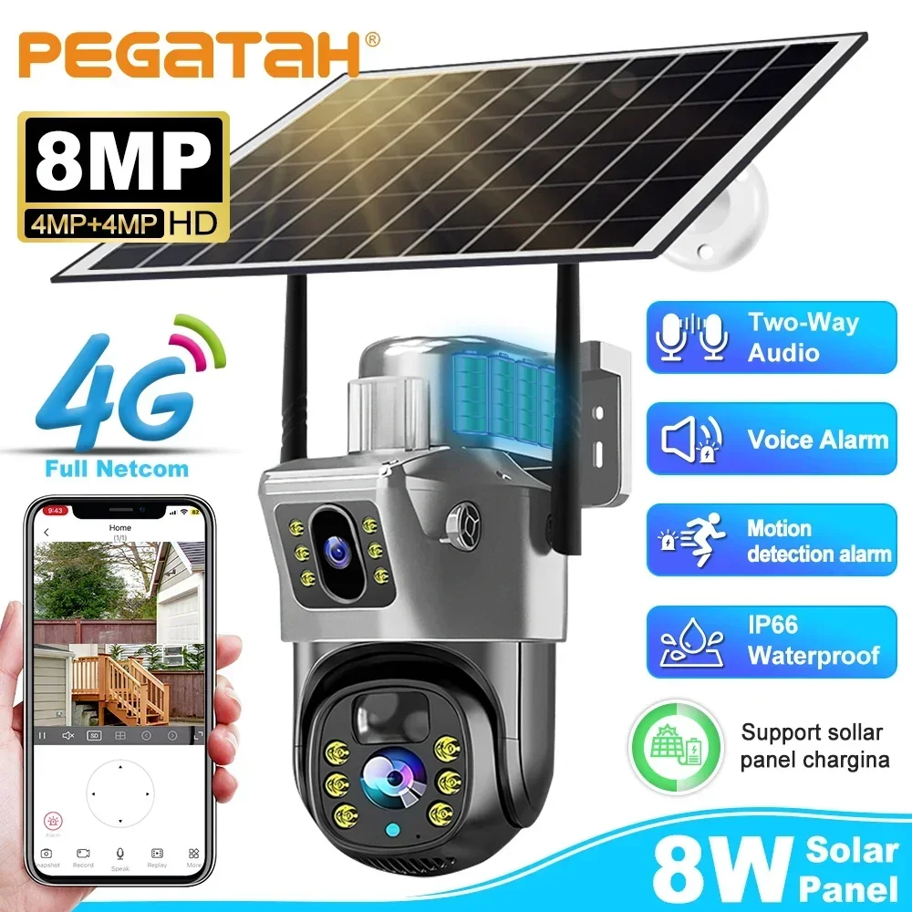 4K 8MP Solar Camera Outdoor Battery 4G IP Cam Dual Lens Security-Protection PIR Auto Tracking Wireless Surveillance CCTV