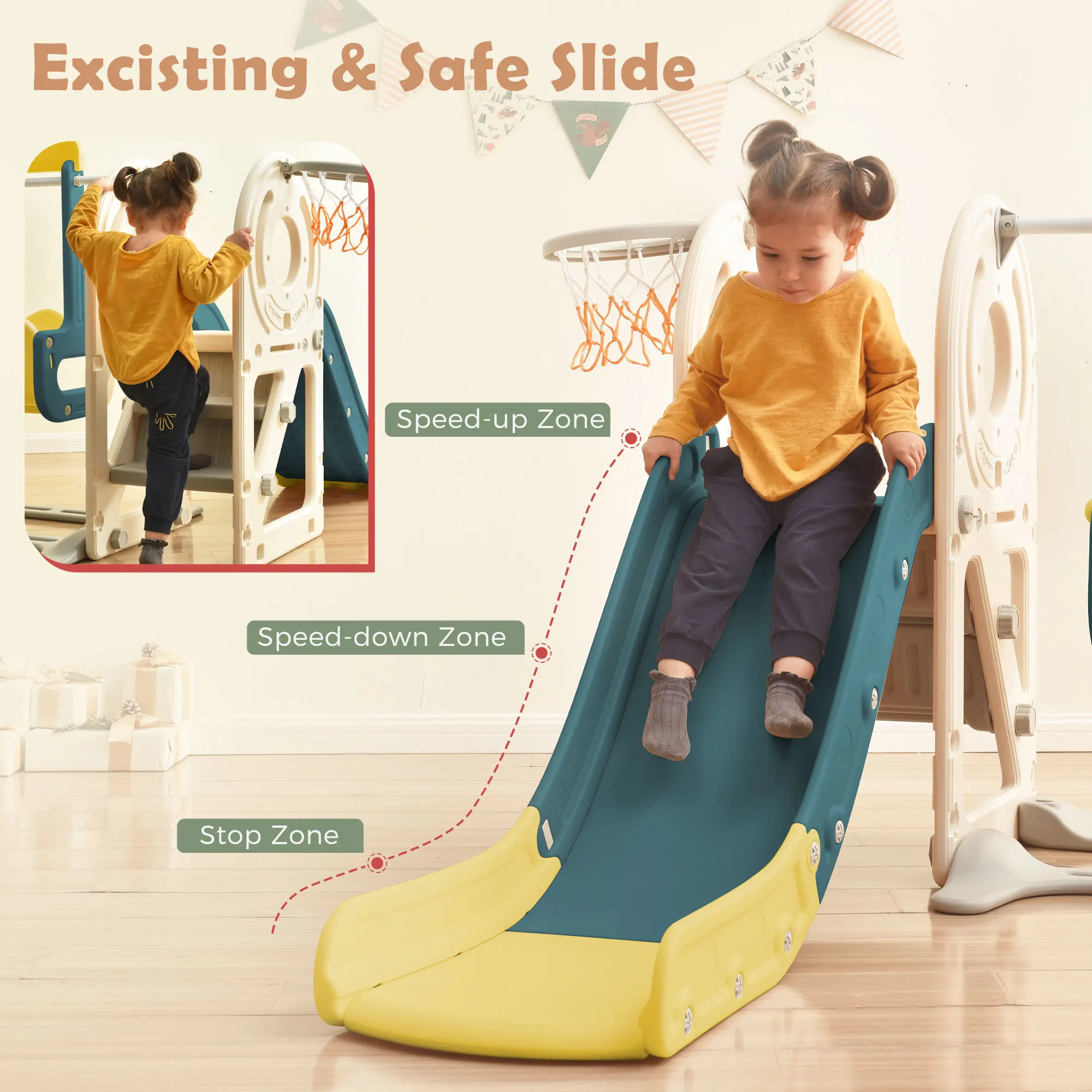 Swing-N-Slide avec structure de jeu pour enfants, jouet de bus autoportant avec toboggan et balançoire pour les tout-petits, ensemble de toboggans de bus avec basket-ball Ho