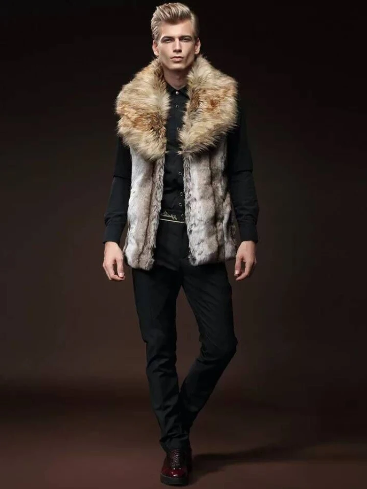 Men\'s Faux Fur Vest Slim Fit Lapel Big Fur Collar Short Waistcoat Men Jacket  Brown Leather Jacket Winter Warm Coat