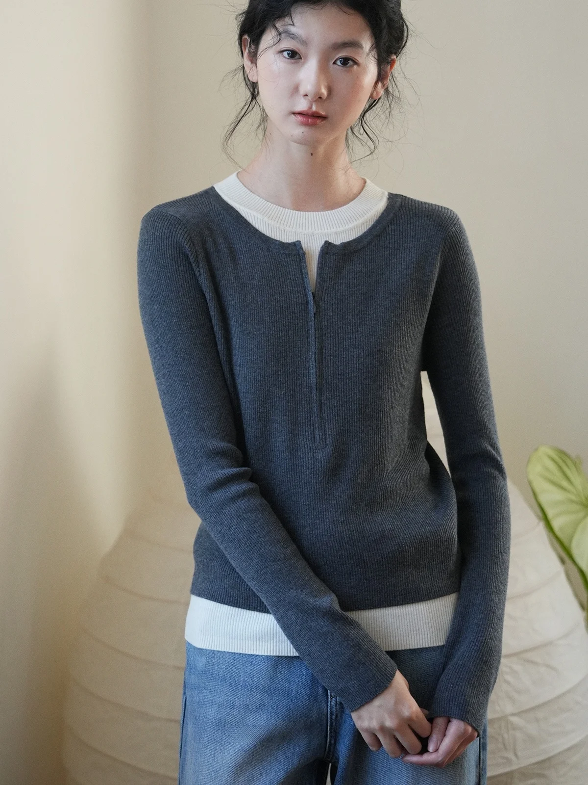 

London Wed Camere Blend Knitwear round Ne Sweater Soft Warm Faux Two-Piece Sle Contrast Color Design Ele ey W...