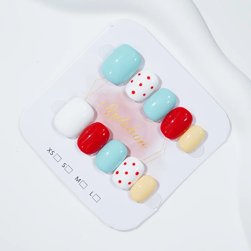 10 個手作りプレス爪ドーパミンマカロン水玉ソリッドカラー付け爪ショートオーバル取り外し可能なウェアラブルネイル女性のための