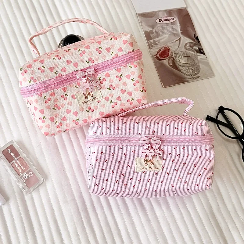 Cute Heart Cherry Print Handheld Makeup Bag, Portable Large Capacity Cosmetic Tote for Skincare and Travel Use