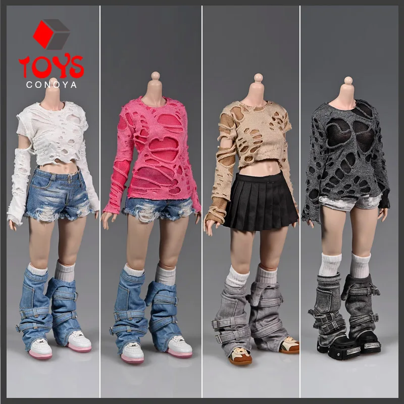 In Stock 1/6 Scale Ripple Hole Gothic Style Round Collar T-shirt Clothes Model Fit 12