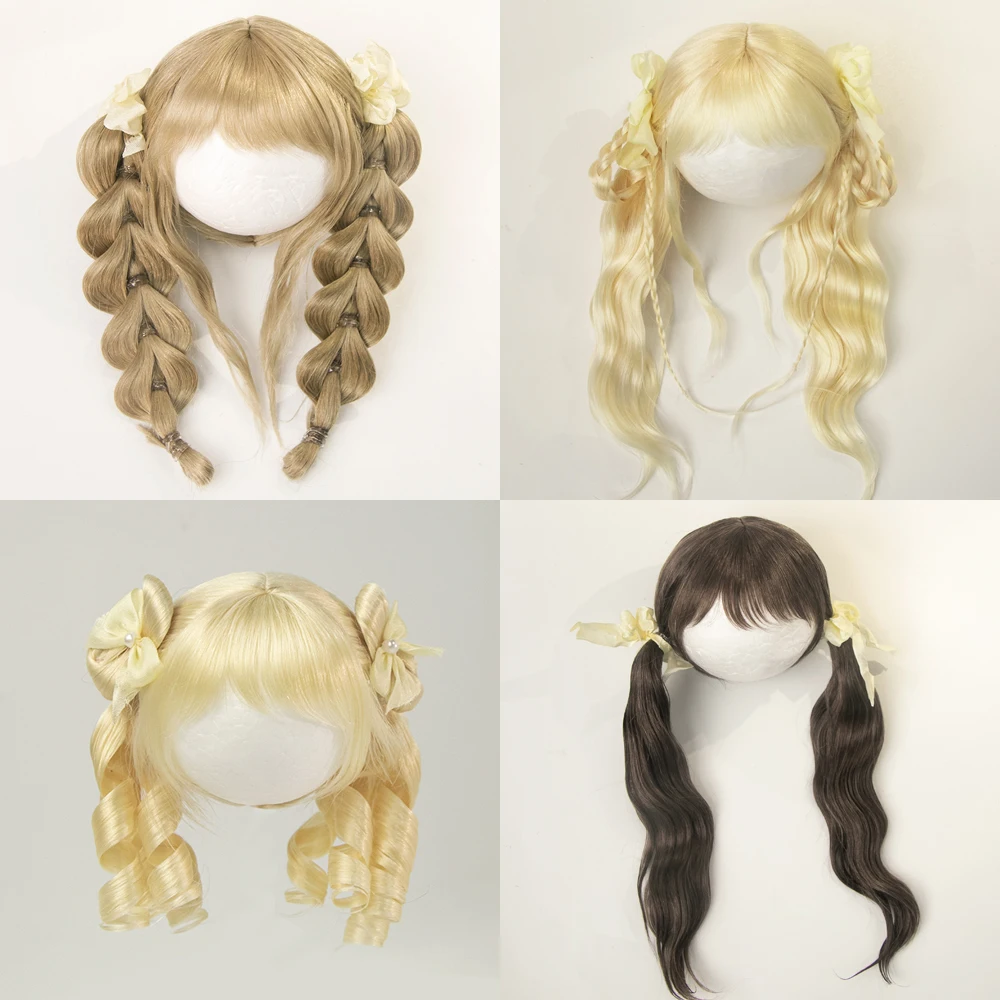 

30 см 40 см Кукольный парик с челкой, двойной хвост, вьющийся мягкий мохеровый парик, подходит для 1/6 1/4 BJD SD DD, аксессуары для игрушек для волос 6-7, 7-8 дюймов