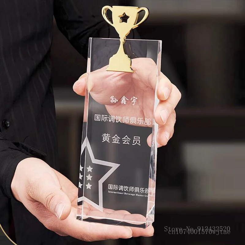 Crystal Trophy of Five-Pointed Star Diamond Crown, Wheat Ear Trophy, Customized Lettering, Color Printing Award, Home Decor, 1PC