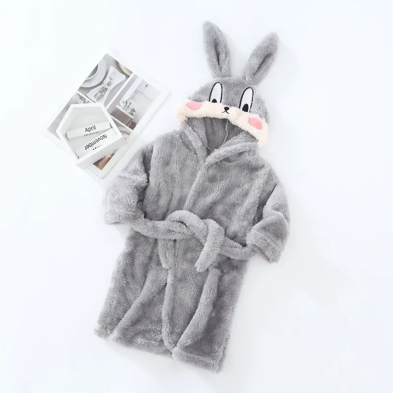 Winter Kids Hooded Bathrobe Baby Bath Robes Boys Girls Cute Cartoon Rabbit Flannel Pajamas Toddler Long Sleeve Towel Robe