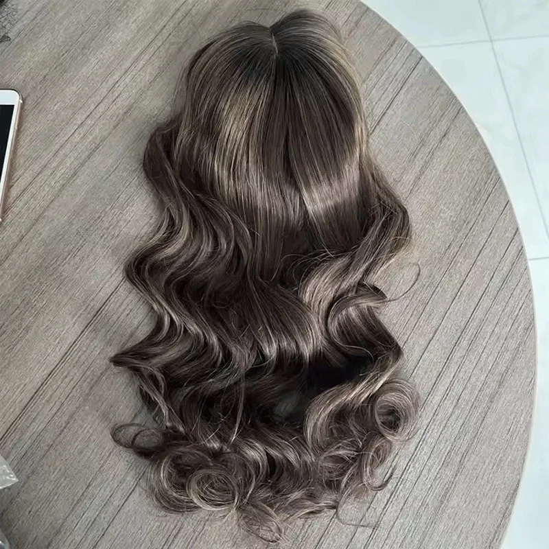 22 Inch Ombre Dark Brown Balayage Wig Long Loose Wave Synthetic Hair 13x4 HD Invisible Lace Front Wig For Women Daily Party Wear