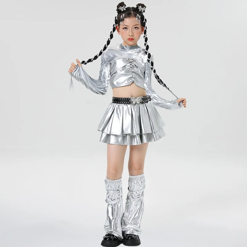 Silvery New Child Jazz Dance Set Dancing Competition Costumes for Girls Hip Hop Tops Skirt Party Stage Perform Outfits XH1443