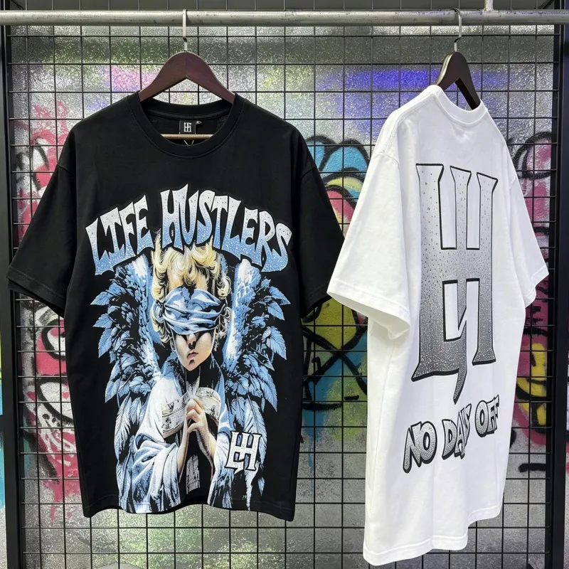 Gradient Color Rhinestone Life Hustlers Tshirts Summer Streetwear Men Women Cotton Short Sleeve Blindly Praying Angel Print Tops