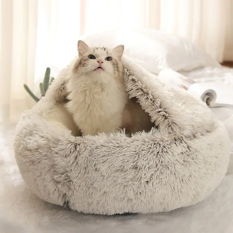 

Winter Pet Cat Bed Round Long Plush Cat Warm Bed House Soft Pet Basket Sleep Bag for Small Dogs Cats Washable Kennel Sofa