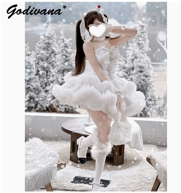 Vestido tutú ajustado sin tirantes con lazo de copo de nieve, vestido de fiesta de princesa de Año Nuevo para invierno, vestido de Navidad peludo con agradable arco para niña y mujer