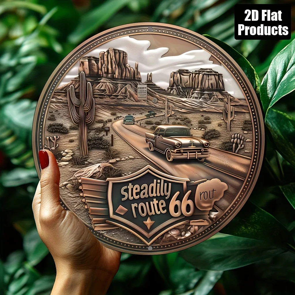 2D Flat, 2D flat printing, 1pc, round aluminum metal decorative sign, Route 66 theme, suitable for bar kitchen cafe home room li