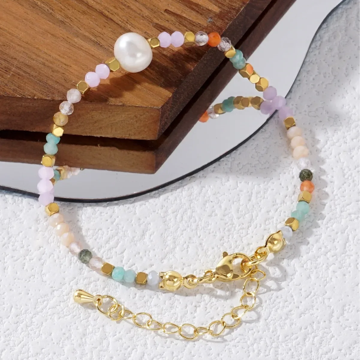 Natural Freshwater Pearls Colorful  Crystal Gold Color Strand Bracelets for Women Fishtail Pendant Lucky Bangle Jewelry