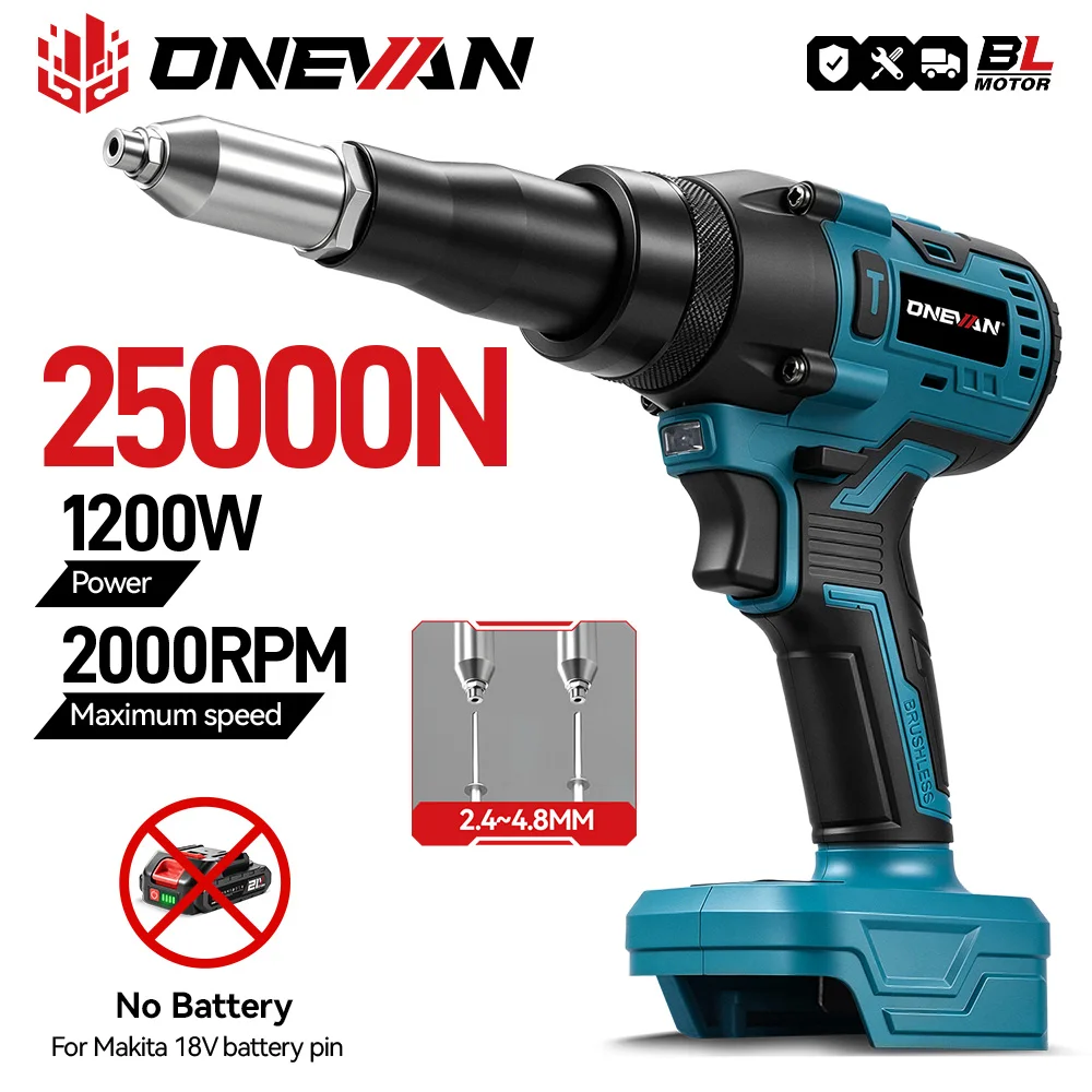 ONEVAN 1200W Brushless Electric Rivet Gun 25000N Cordless Fit 2.4-5.0mm Riveting Industry Renovation Tool For Makita Battery Pin