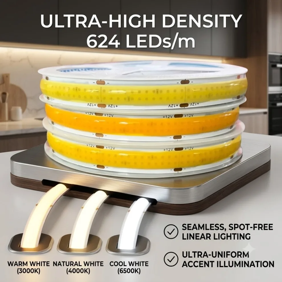 Double Row COB LED Strip DC12V/24V 624LEDs/M High Brightness RA95 Dimmable 3000K/4000K/6000K 12mm PCB Flexible Tape Light Decor