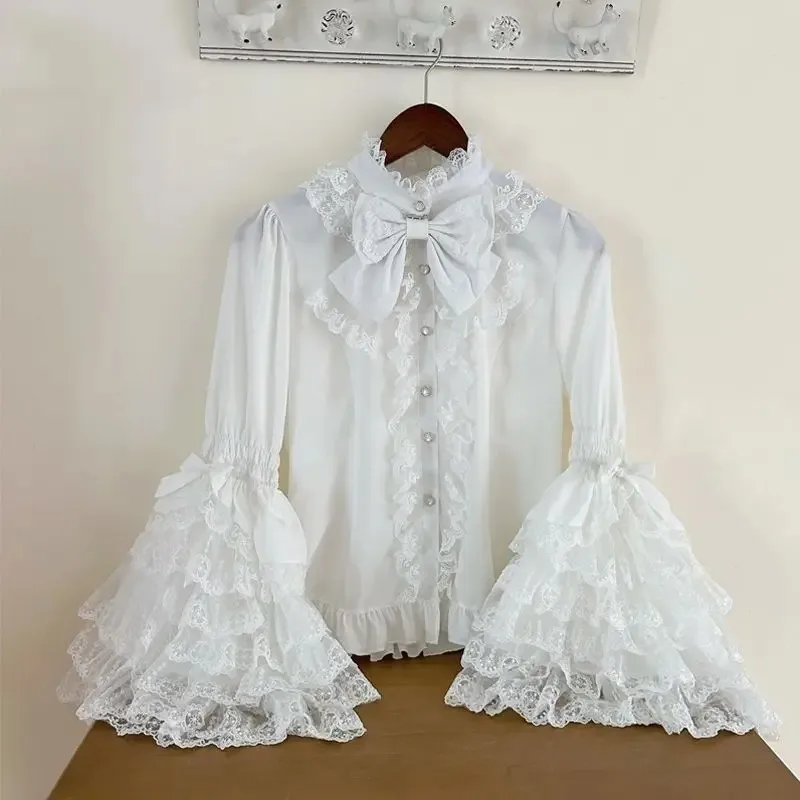

Sweet Lolita Jk Tops Women Kawaii Cute Lace Ruffles Flower Wedding Bow Blouse Japanese Vintage Elegant Princess Shirts