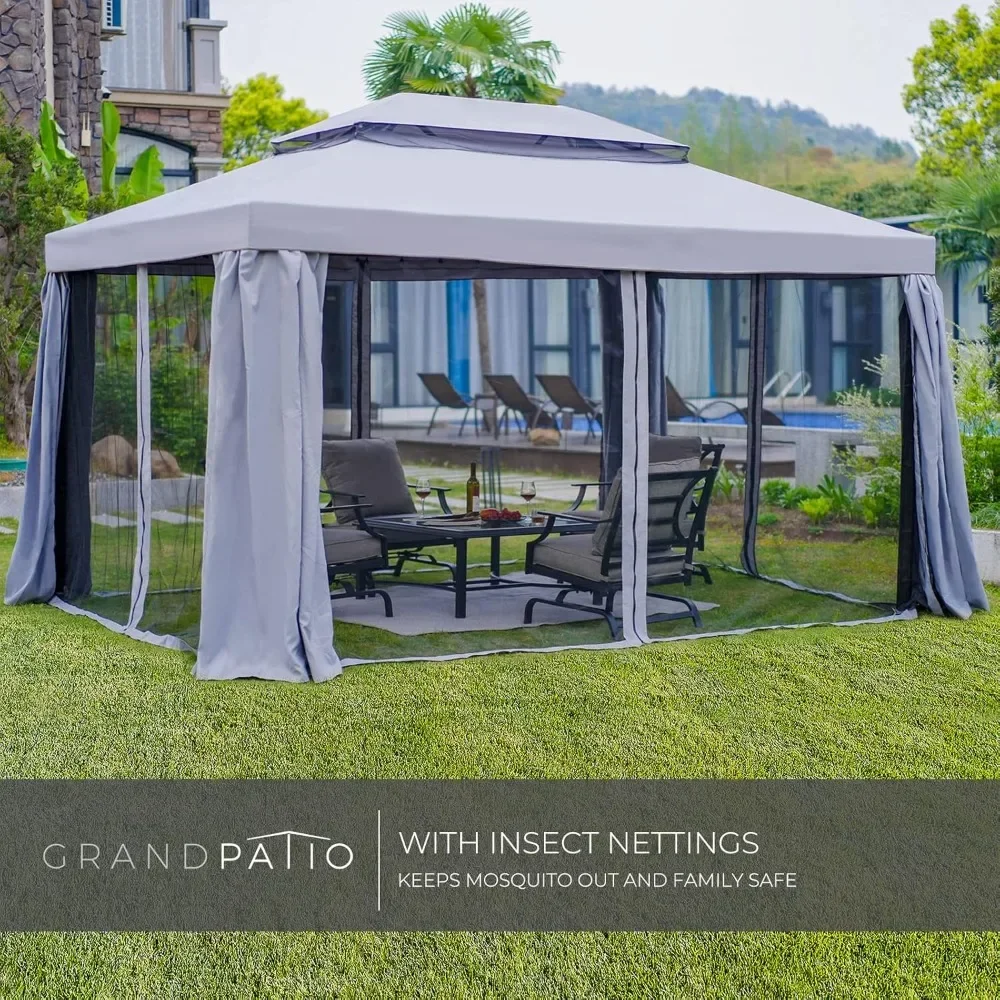 10x13 Gazebo for Patios Outdoor Gazebo with Mosquito Netting and Curtains Outdoor Patio Canopy for Deck Backyard Garden Lawns