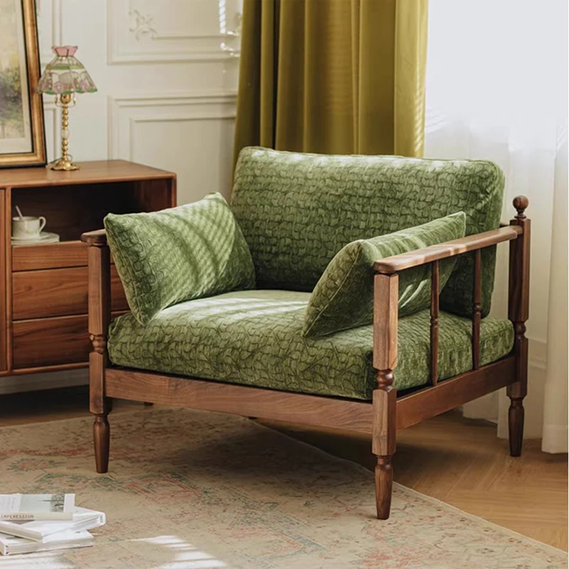 

French Retro Solid Wood Single Double Triple Sofa Small Living Room Balcony Simple Cloth Leisure Chair