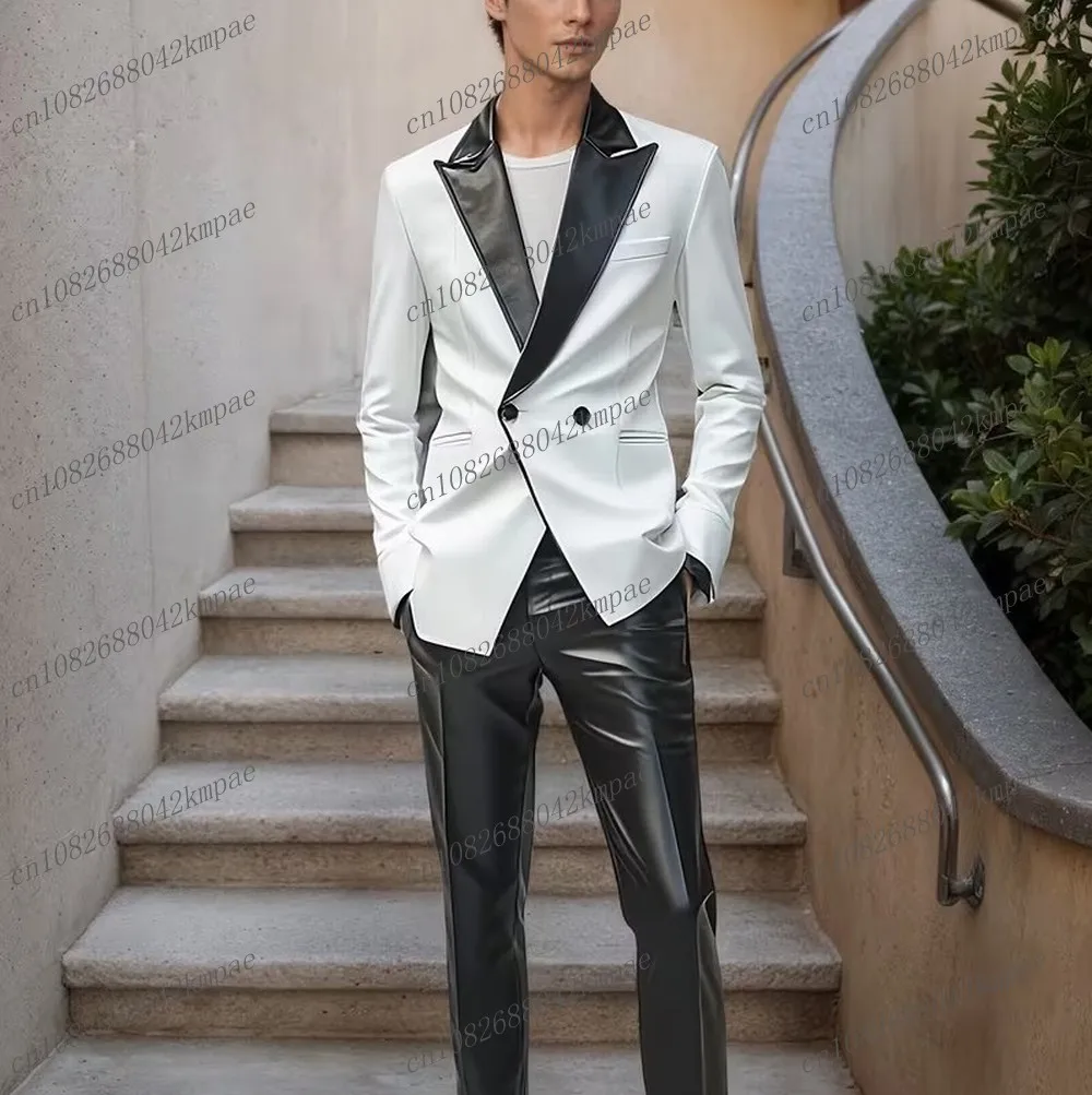 

White And Black Leather Men Suit Formal Groom Groomsman Wedding Party Prom Male Business Tuxedos 2 Piece Set Blazer Pants